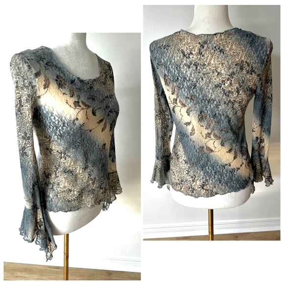 Sheer Lace Blouse, Floral Mesh, Bell Sleeve, Blue Grey & Brown Romantic Vintage - Picture 3 of 15